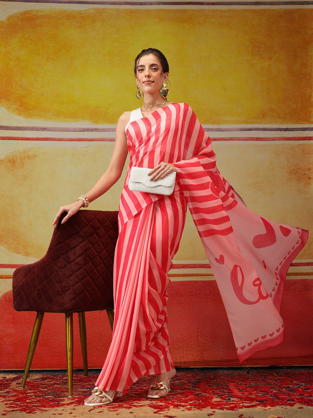 Hiral Fashion Pink Bollywood Mul Cotton Stripes Digital Printed Saree | Grocsy