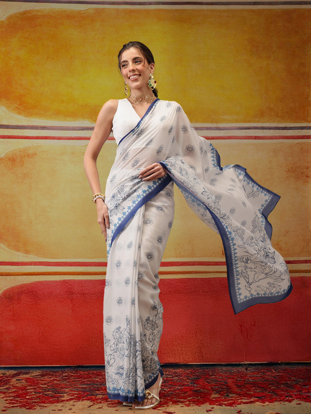 Hiral Fashion White Bollywood Mul Cotton Kalamkari Digital Printed Saree | Grocsy