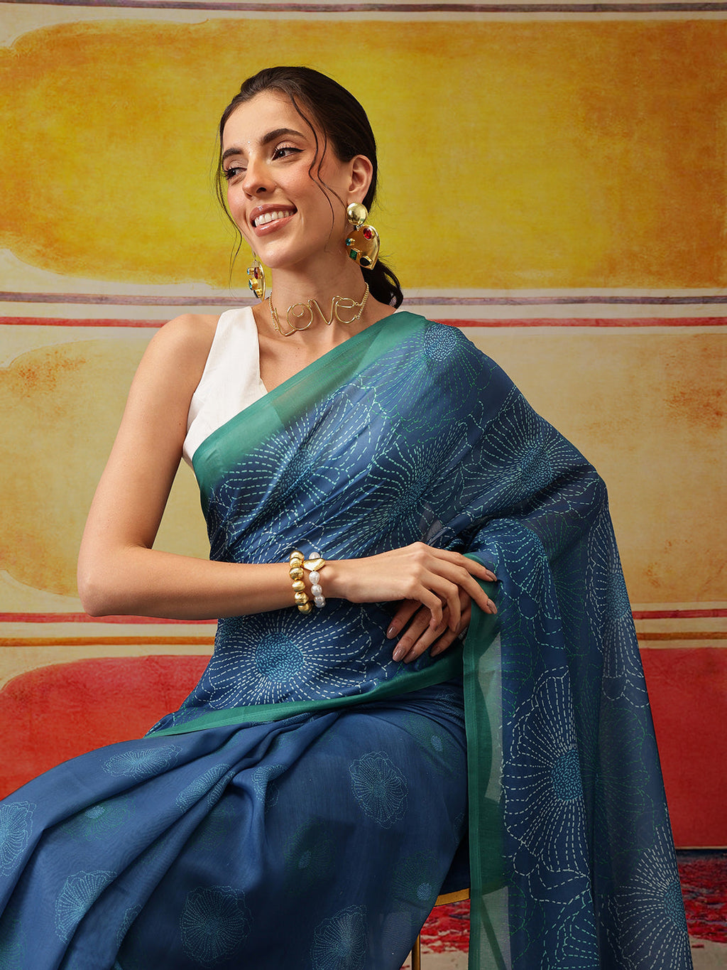 Hiral Fashion Teal Bollywood Mul Cotton Floral Digital Printed Saree | Grocsy