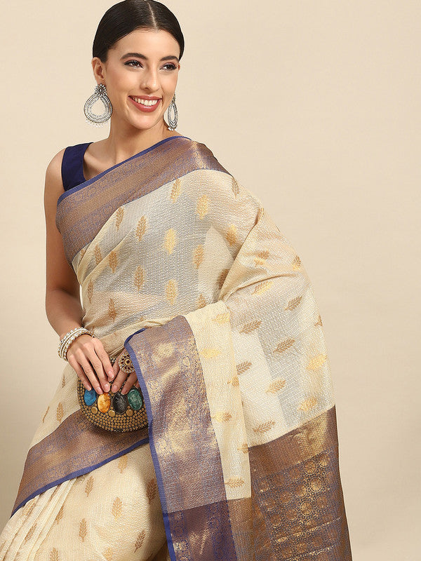 Navy Blue Tissue Silk Woven Zari Design Floral Saree with Unstitched Blouse - Hiral Fashion | Grocsy