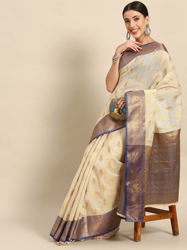 Navy Blue Tissue Silk Woven Zari Design Floral Saree with Unstitched Blouse - Hiral Fashion | Grocsy