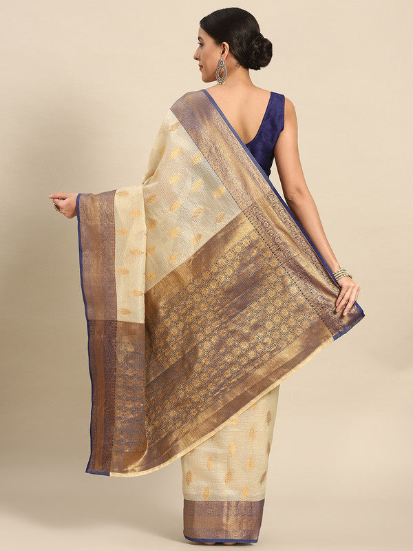 Navy Blue Tissue Silk Woven Zari Design Floral Saree with Unstitched Blouse - Hiral Fashion | Grocsy
