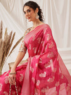 Hiral Fashion Pink Banarasi Organza Silk Floral Woven Design Saree | Grocsy