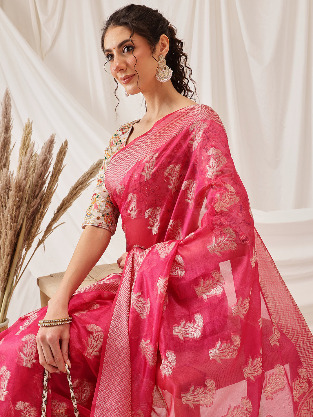 Hiral Fashion Pink Banarasi Organza Silk Floral Woven Design Saree | Grocsy