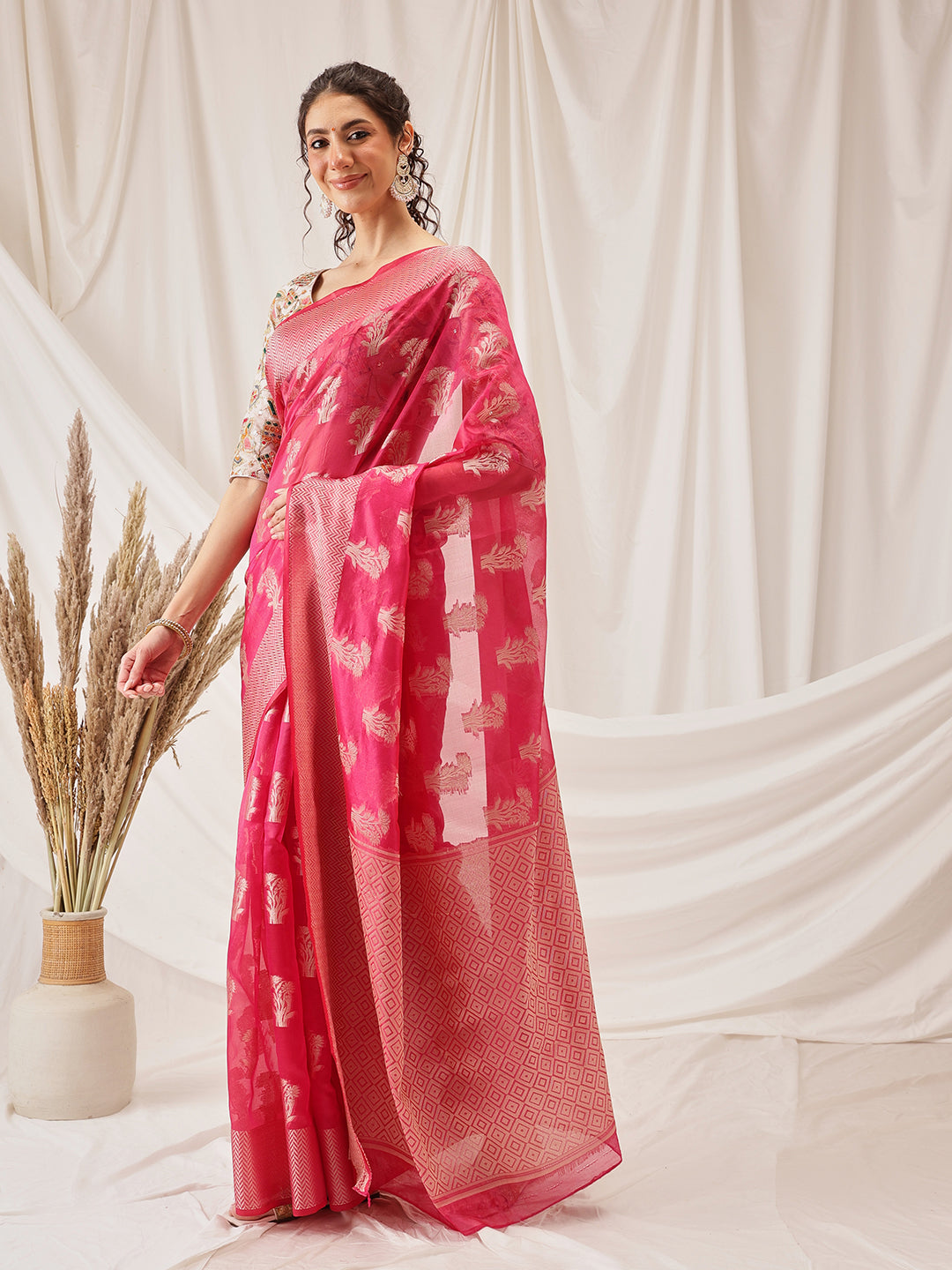 Hiral Fashion Pink Banarasi Organza Silk Floral Woven Design Saree | Grocsy