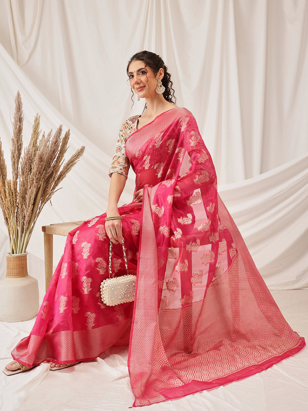 Hiral Fashion Pink Banarasi Organza Silk Floral Woven Design Saree | Grocsy
