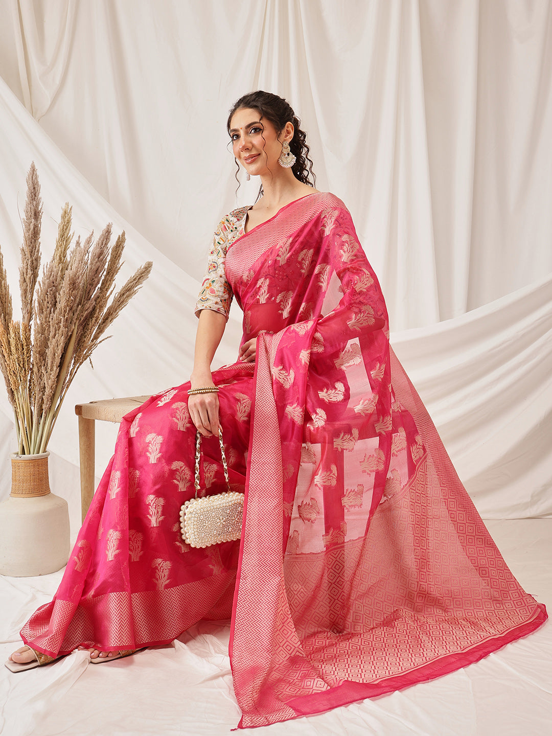 Hiral Fashion Pink Banarasi Organza Silk Floral Woven Design Saree | Grocsy