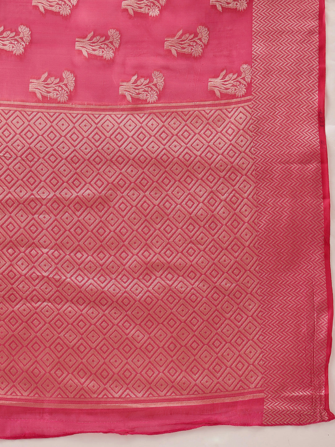 Hiral Fashion Pink Banarasi Organza Silk Floral Woven Design Saree | Grocsy
