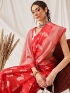 Hiral Fashion Red Banarasi Organza Silk Floral Woven Design Saree | Grocsy
