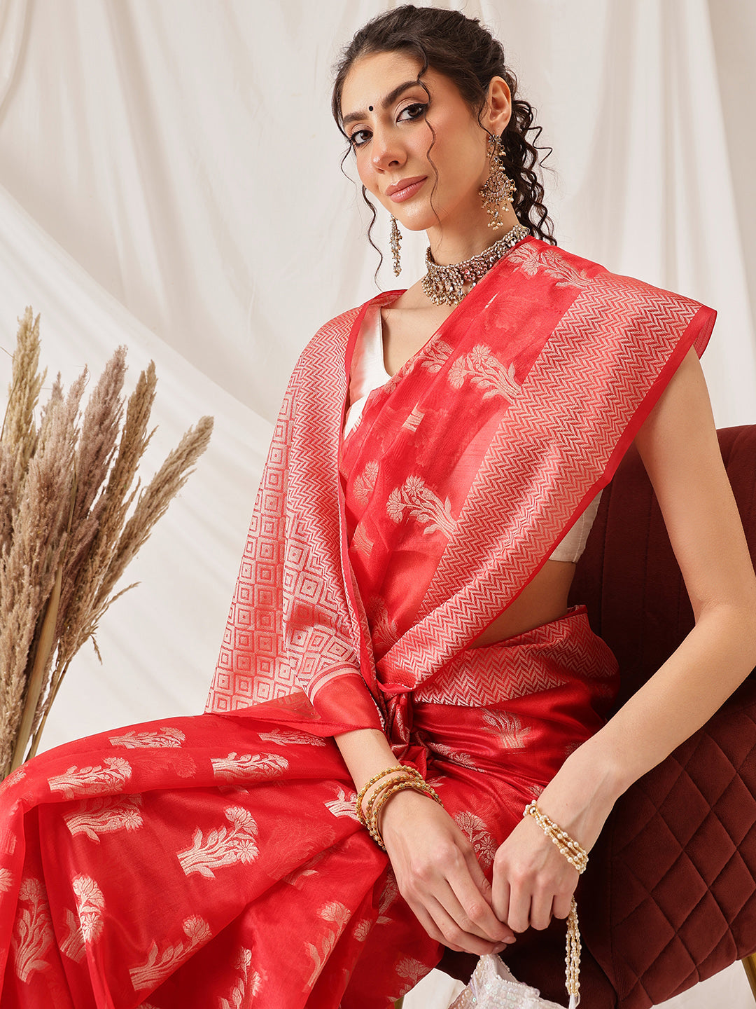 Hiral Fashion Red Banarasi Organza Silk Floral Woven Design Saree | Grocsy