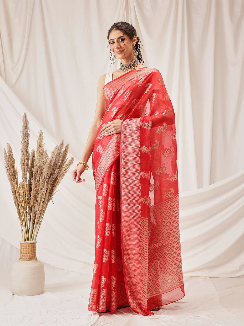 Hiral Fashion Red Banarasi Organza Silk Floral Woven Design Saree | Grocsy