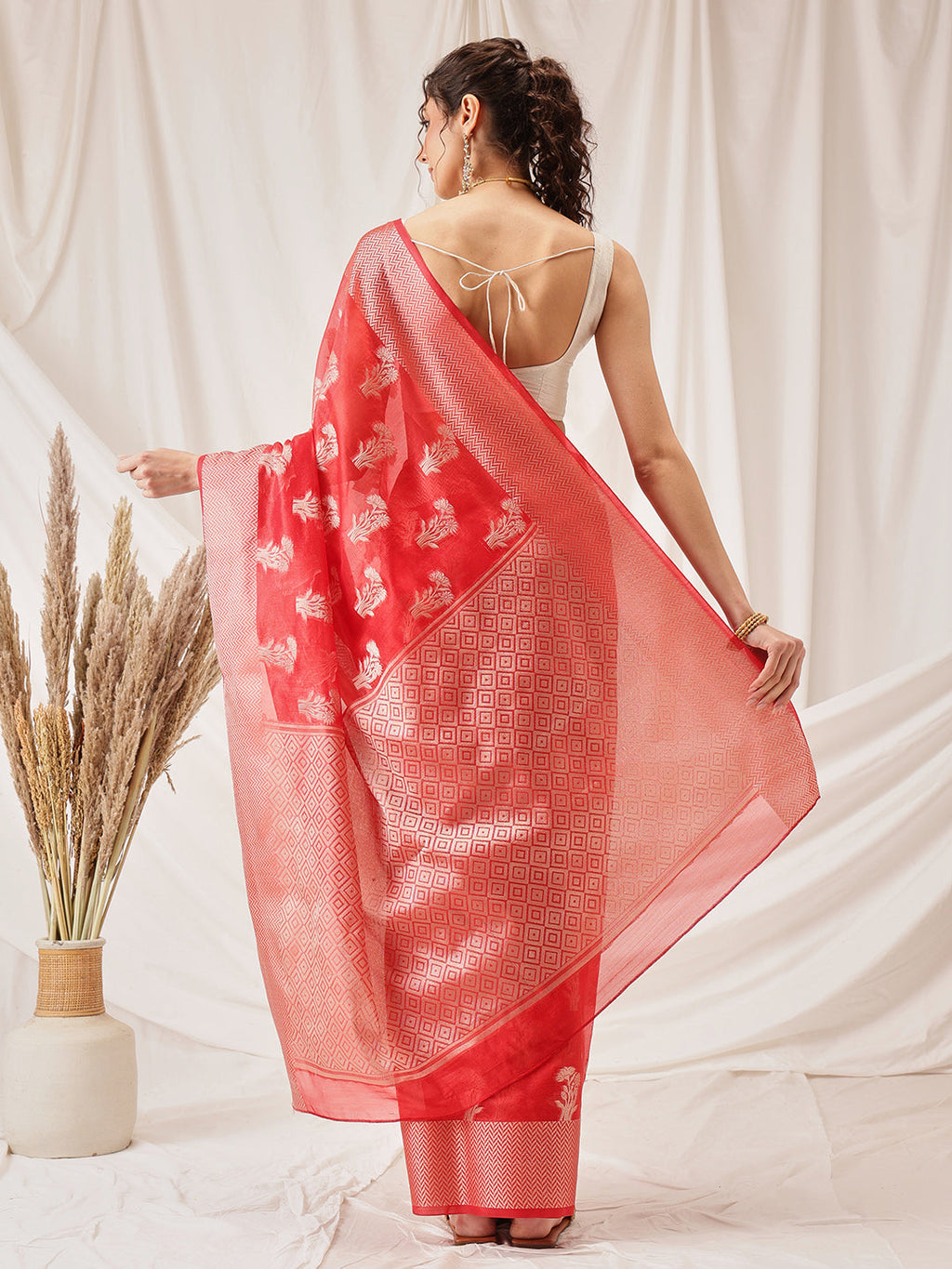 Hiral Fashion Red Banarasi Organza Silk Floral Woven Design Saree | Grocsy