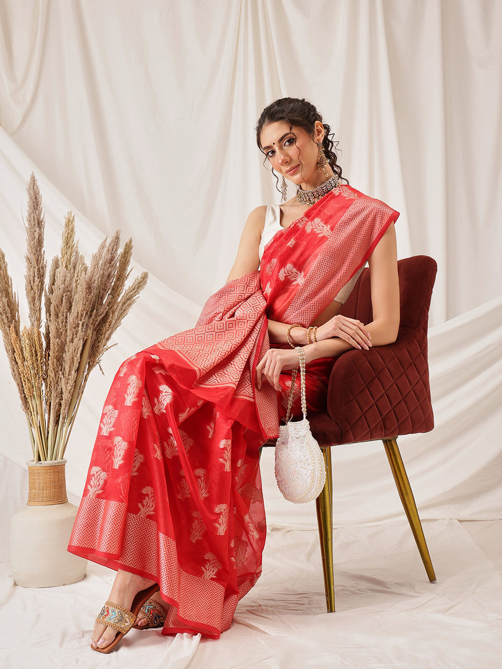 Hiral Fashion Red Banarasi Organza Silk Floral Woven Design Saree | Grocsy