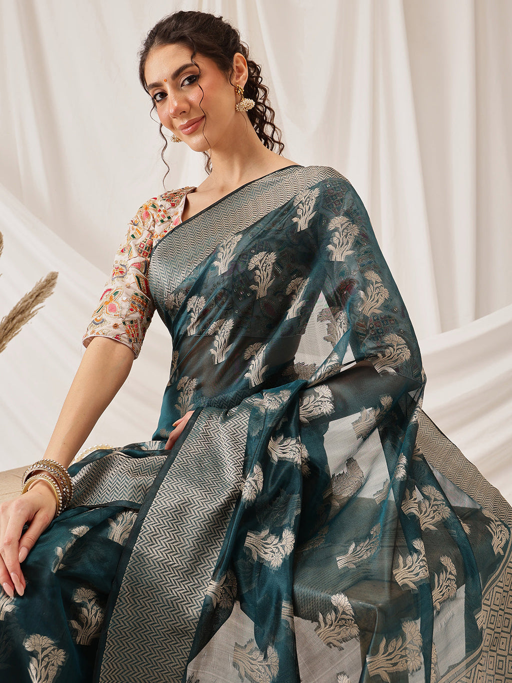 Hiral Fashion Teal Banarasi Organza Silk Floral Woven Design Saree | Grocsy