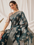 Hiral Fashion Teal Banarasi Organza Silk Floral Woven Design Saree | Grocsy