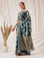 Hiral Fashion Teal Banarasi Organza Silk Floral Woven Design Saree | Grocsy