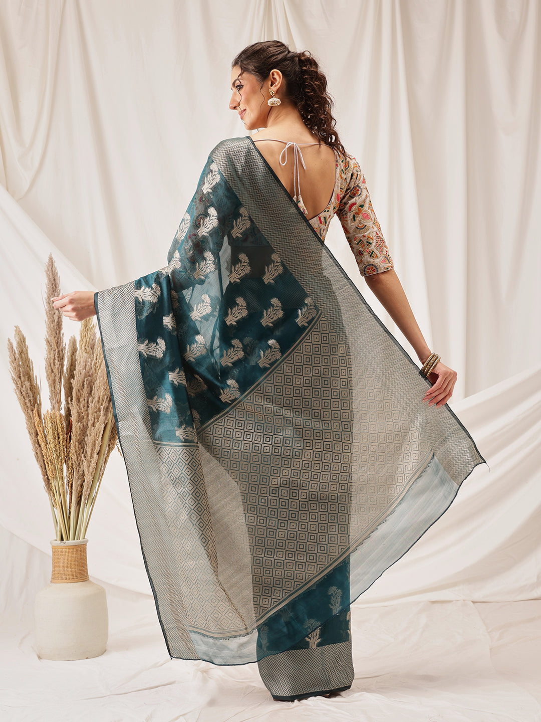 Hiral Fashion Teal Banarasi Organza Silk Floral Woven Design Saree | Grocsy