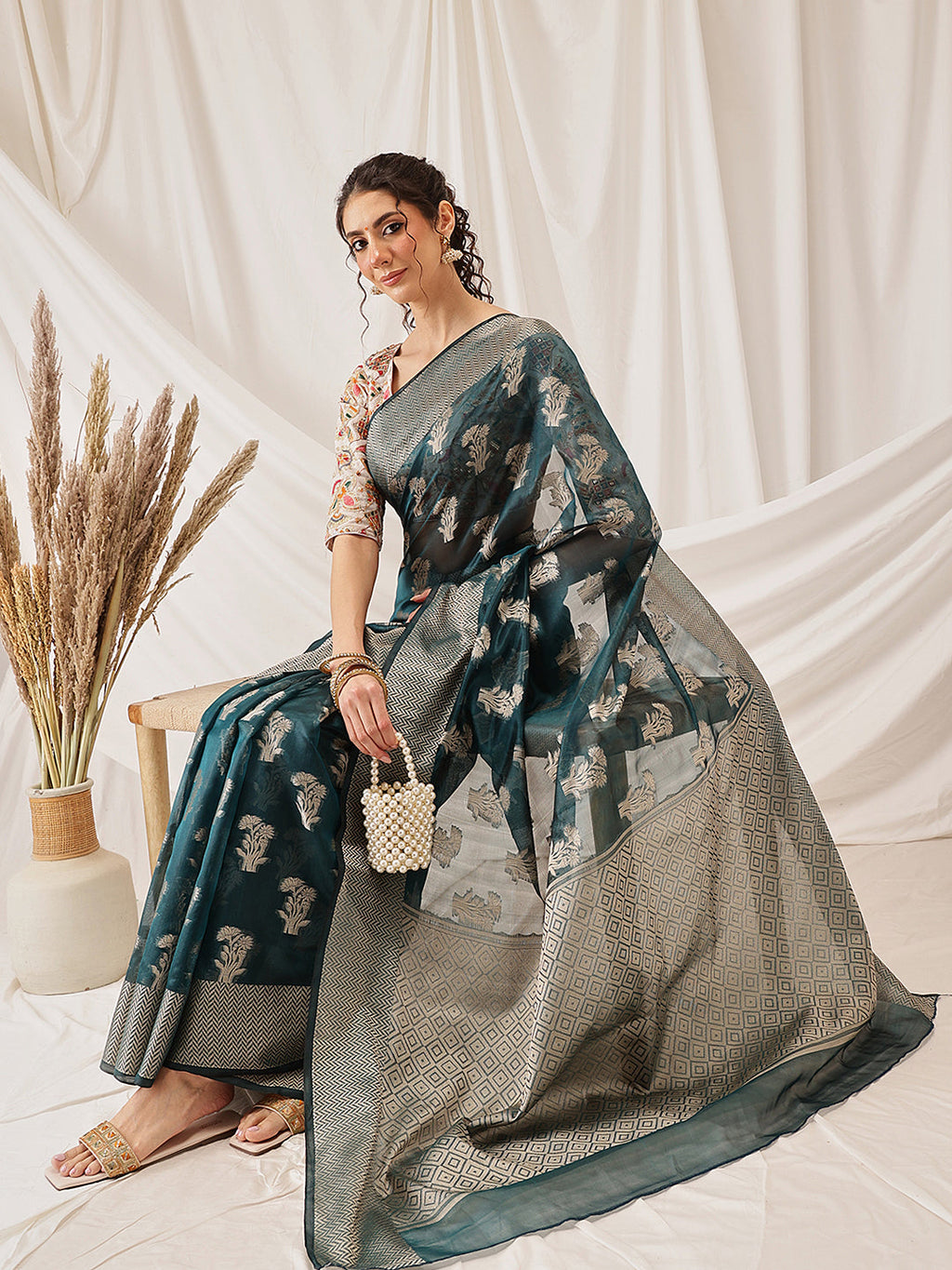 Hiral Fashion Teal Banarasi Organza Silk Floral Woven Design Saree | Grocsy