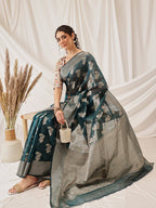 Hiral Fashion Teal Banarasi Organza Silk Floral Woven Design Saree | Grocsy