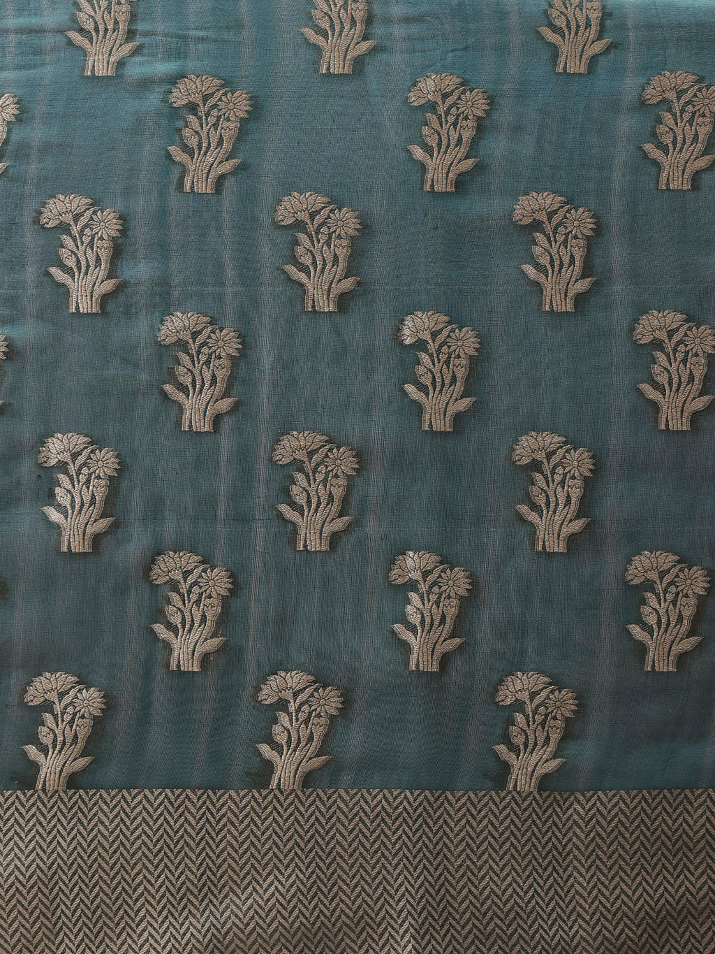 Hiral Fashion Teal Banarasi Organza Silk Floral Woven Design Saree | Grocsy