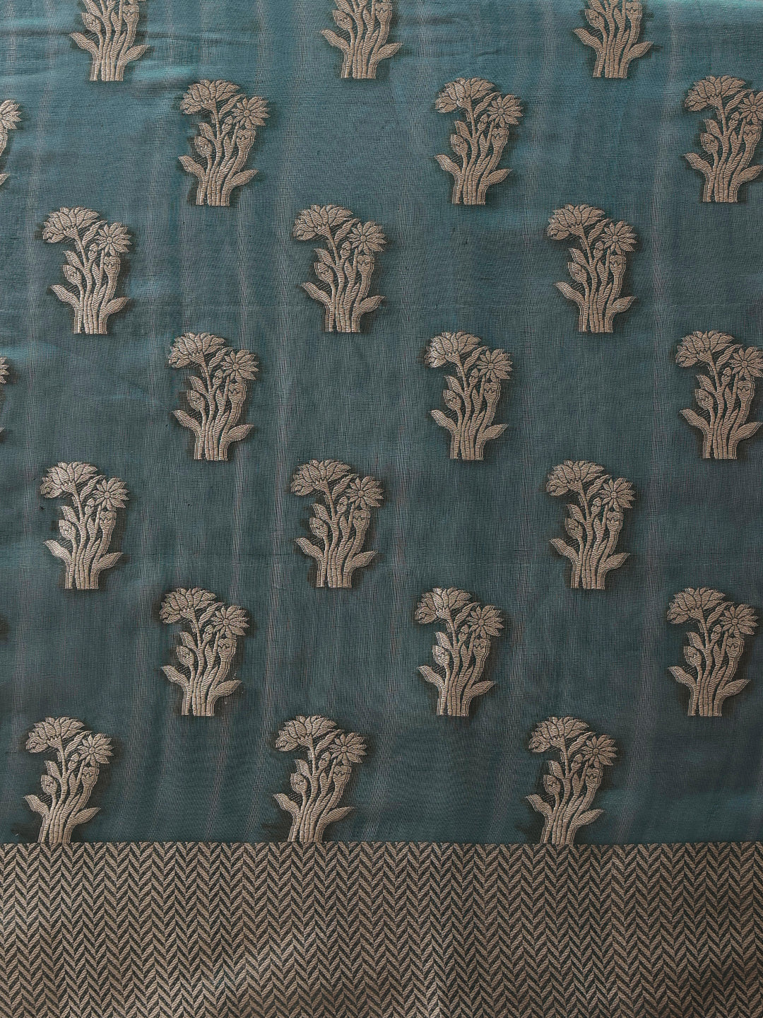 Hiral Fashion Teal Banarasi Organza Silk Floral Woven Design Saree | Grocsy