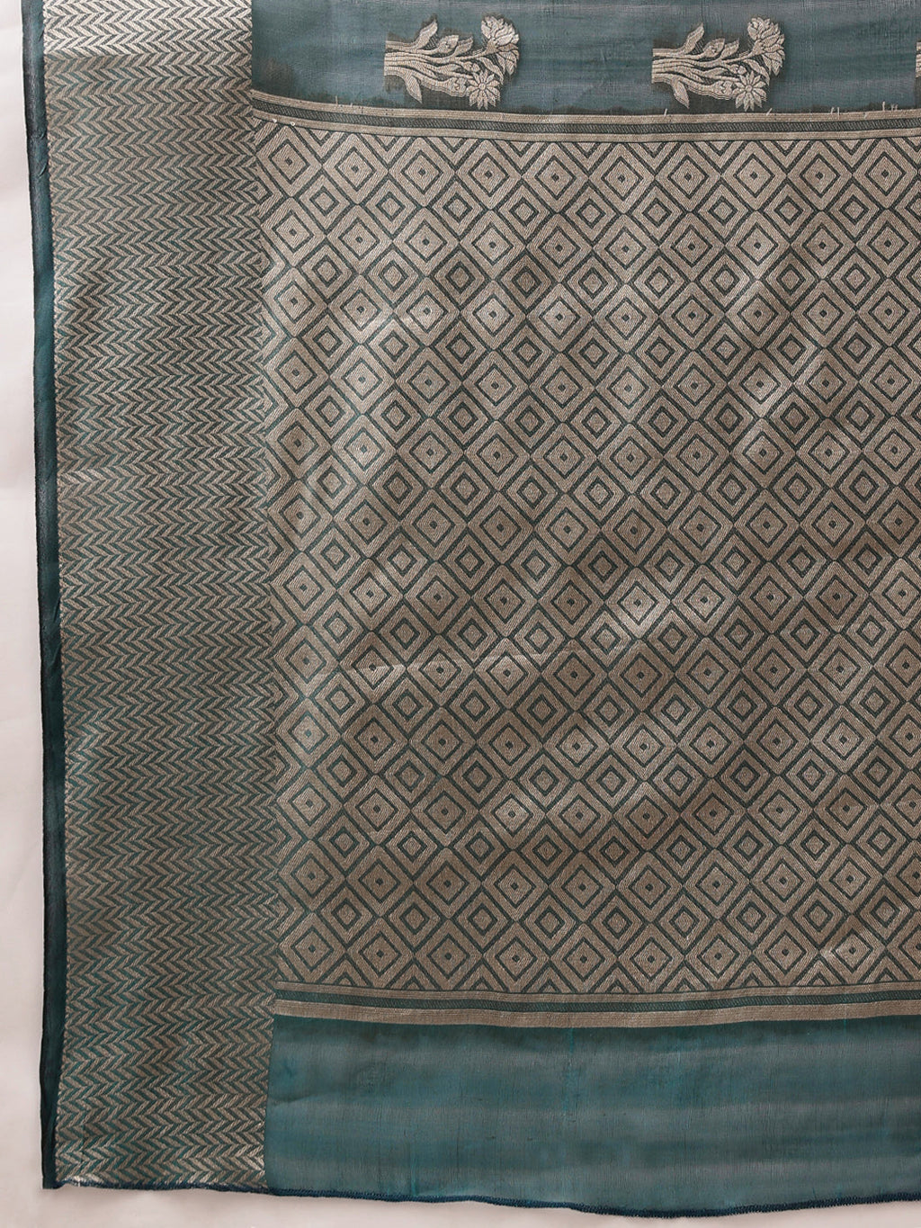Hiral Fashion Teal Banarasi Organza Silk Floral Woven Design Saree | Grocsy