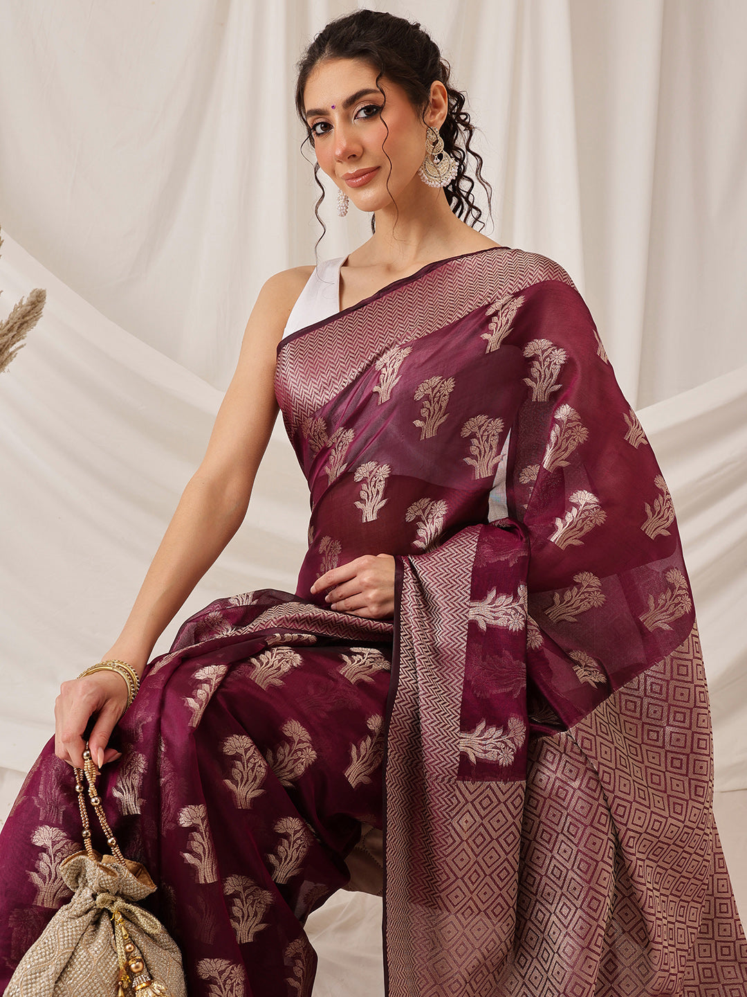 Hiral Fashion Purple Banarasi Organza Silk Floral Woven Design Saree | Grocsy