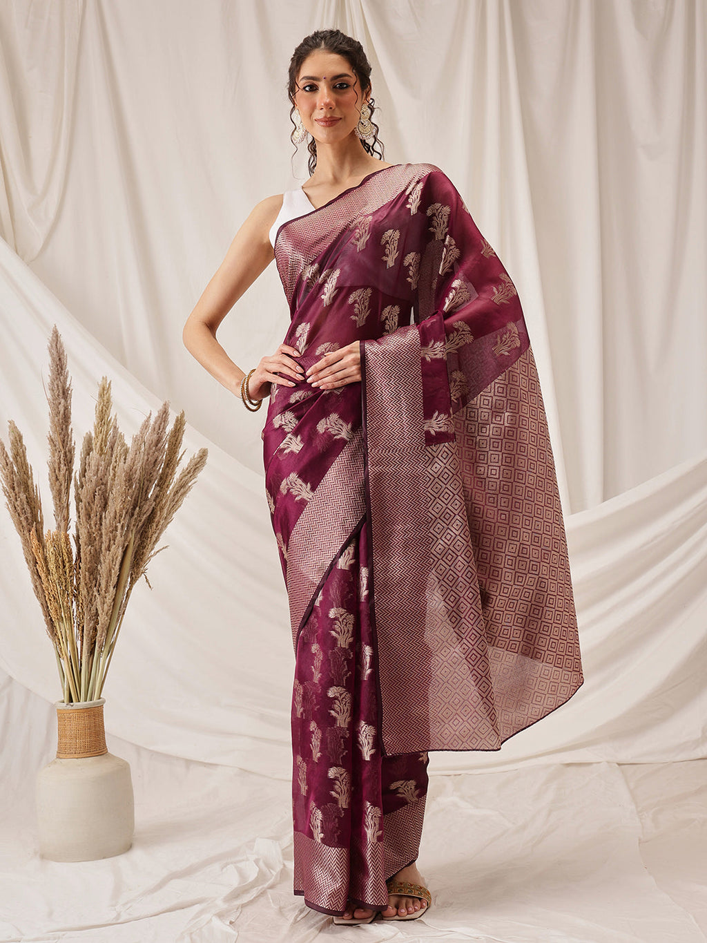 Hiral Fashion Purple Banarasi Organza Silk Floral Woven Design Saree | Grocsy