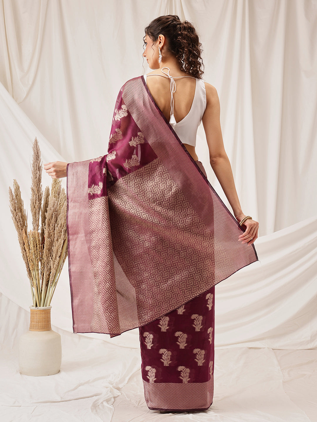 Hiral Fashion Purple Banarasi Organza Silk Floral Woven Design Saree | Grocsy