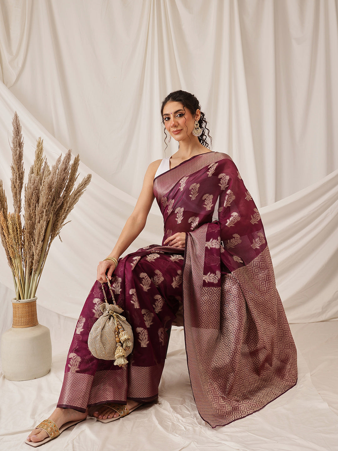 Hiral Fashion Purple Banarasi Organza Silk Floral Woven Design Saree | Grocsy