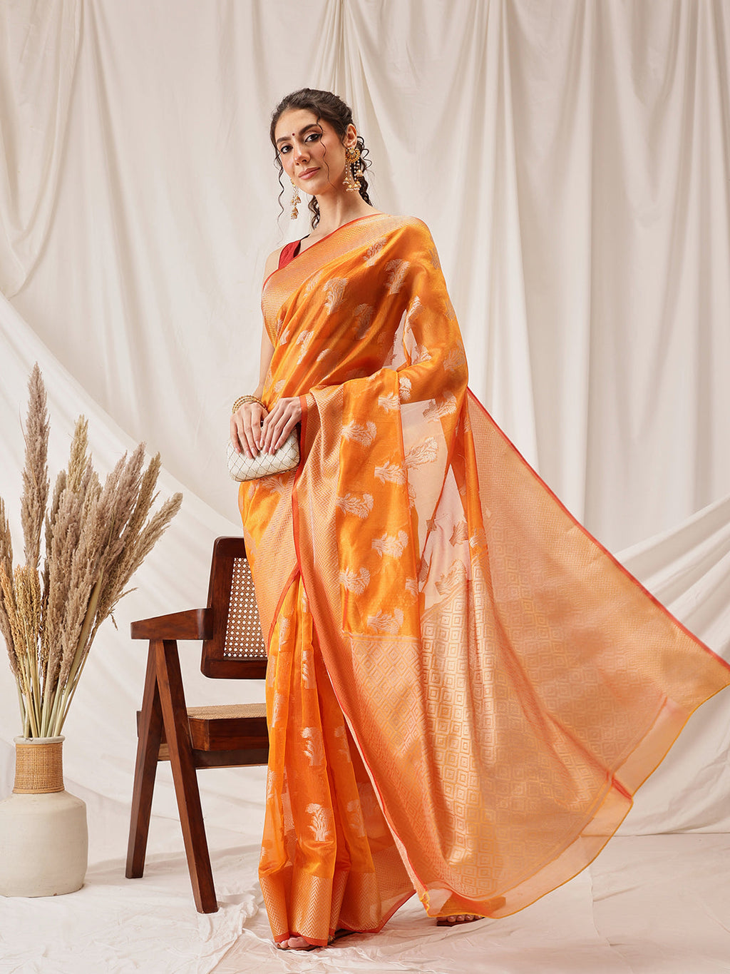Hiral Fashion Yellow Banarasi Organza Silk Floral Woven Design Saree | Grocsy