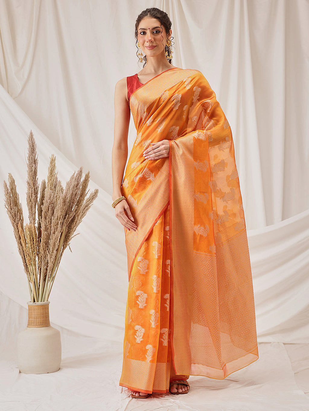 Hiral Fashion Yellow Banarasi Organza Silk Floral Woven Design Saree | Grocsy