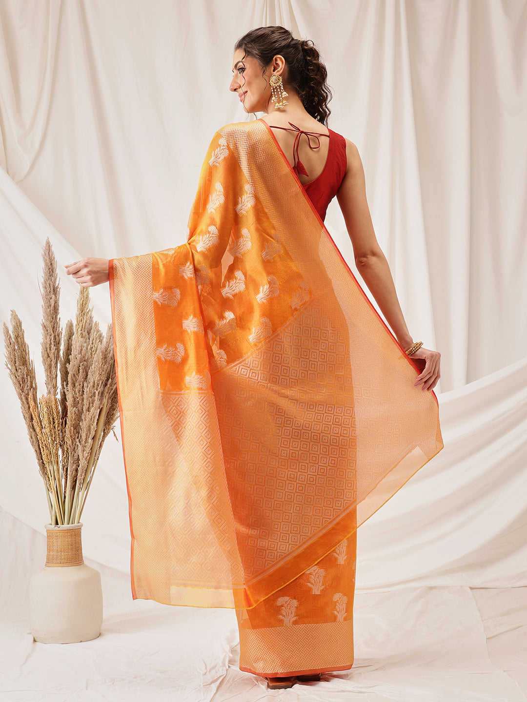 Hiral Fashion Yellow Banarasi Organza Silk Floral Woven Design Saree | Grocsy