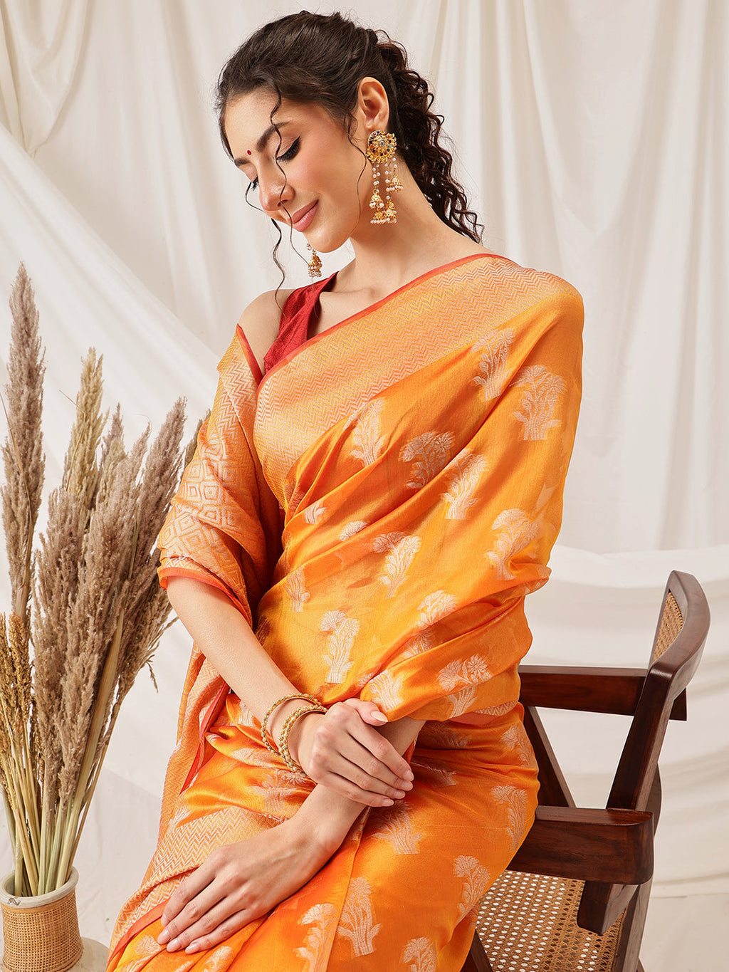 Hiral Fashion Yellow Banarasi Organza Silk Floral Woven Design Saree | Grocsy