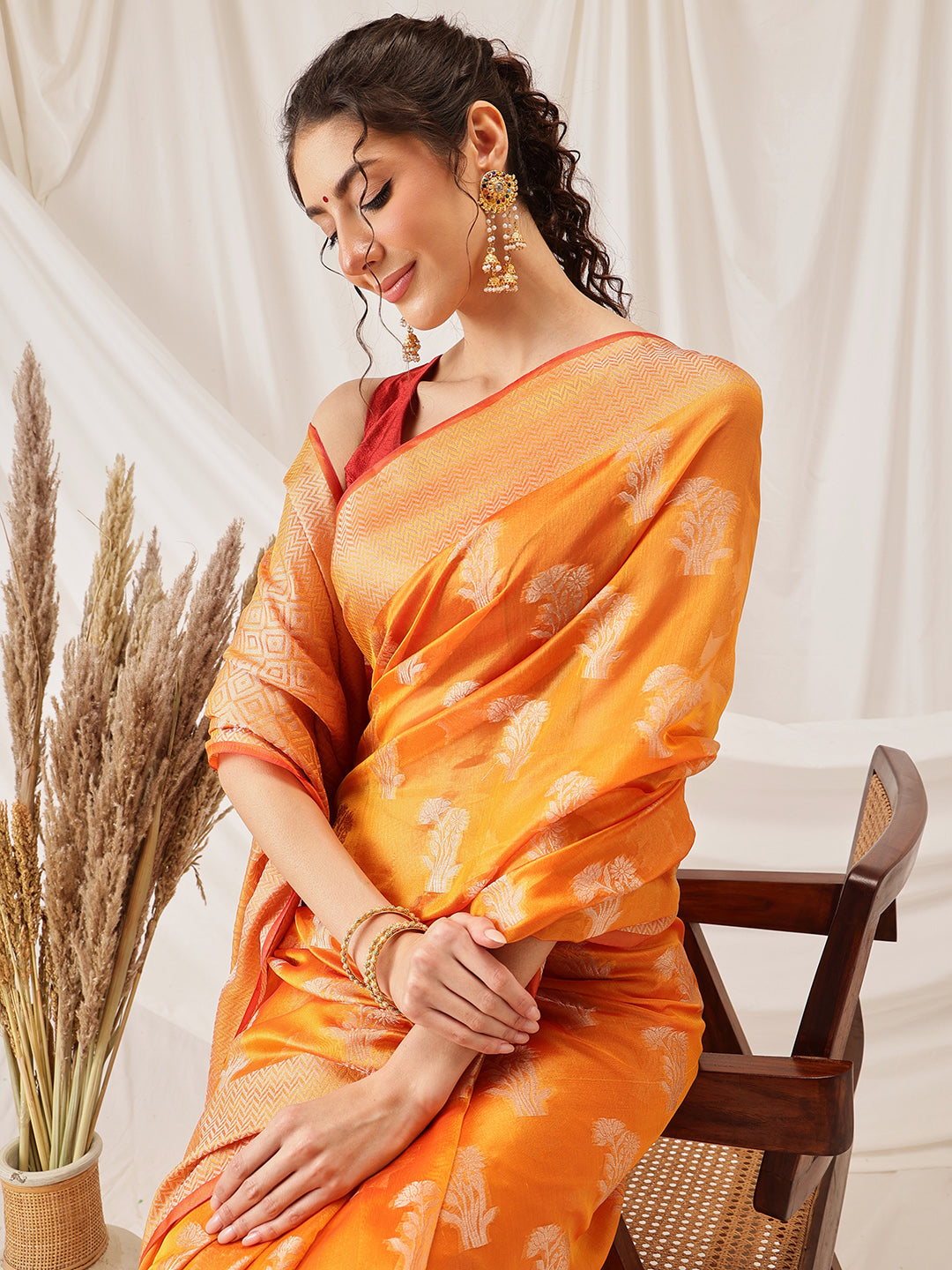 Hiral Fashion Yellow Banarasi Organza Silk Floral Woven Design Saree | Grocsy