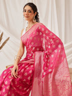 Hiral Fashion Pink Banarasi Organza Silk Floral Woven Design Saree | Grocsy