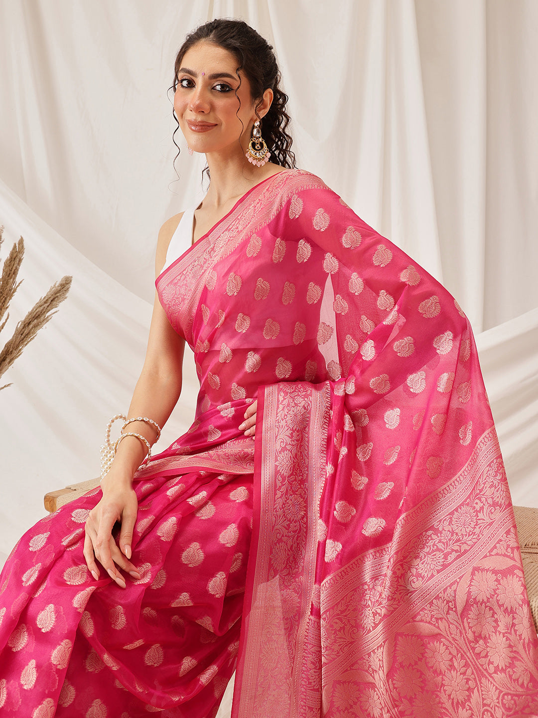 Hiral Fashion Pink Banarasi Organza Silk Floral Woven Design Saree | Grocsy