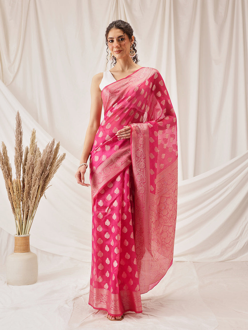 Hiral Fashion Pink Banarasi Organza Silk Floral Woven Design Saree | Grocsy