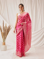 Hiral Fashion Pink Banarasi Organza Silk Floral Woven Design Saree | Grocsy