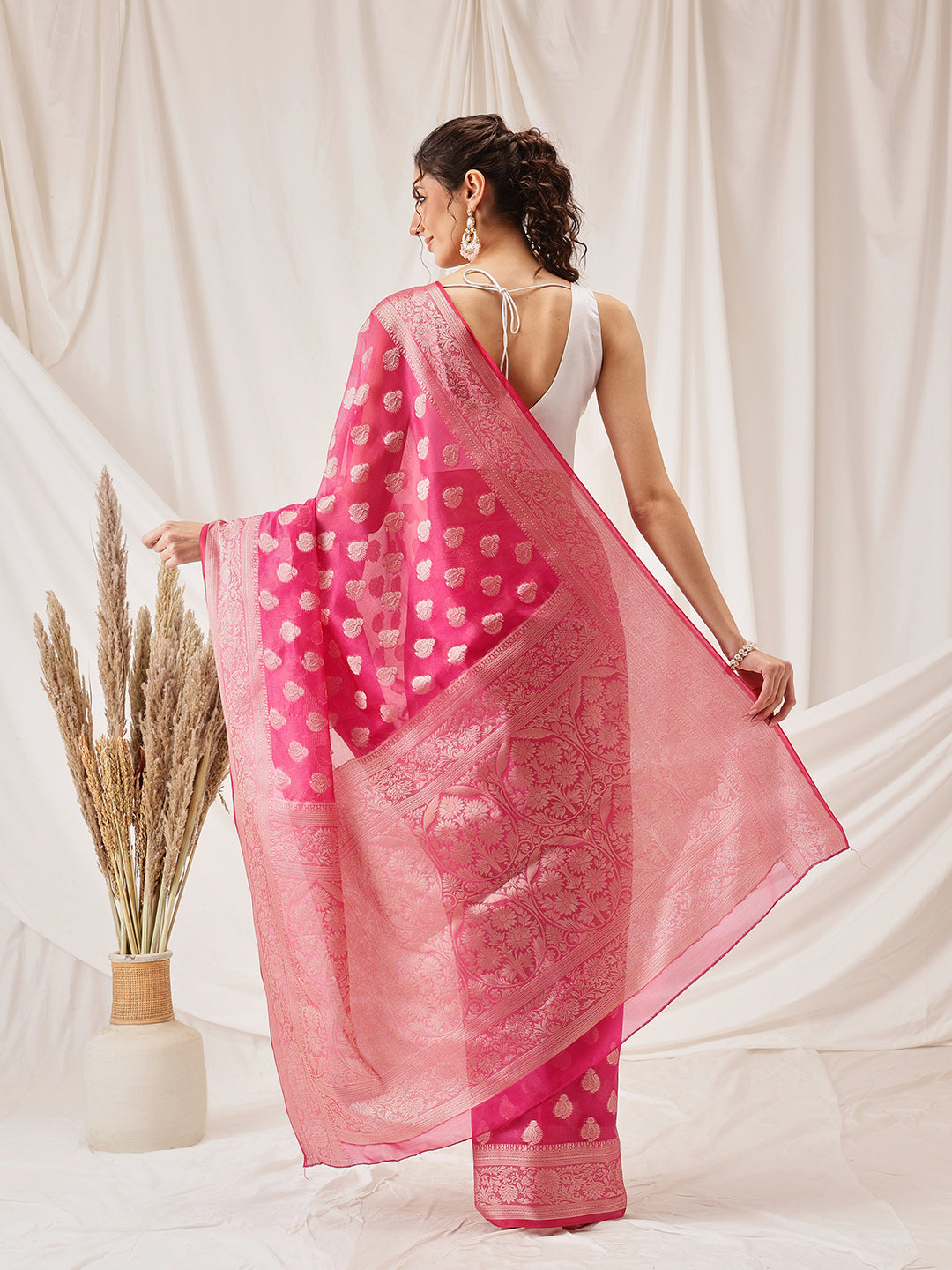 Hiral Fashion Pink Banarasi Organza Silk Floral Woven Design Saree | Grocsy