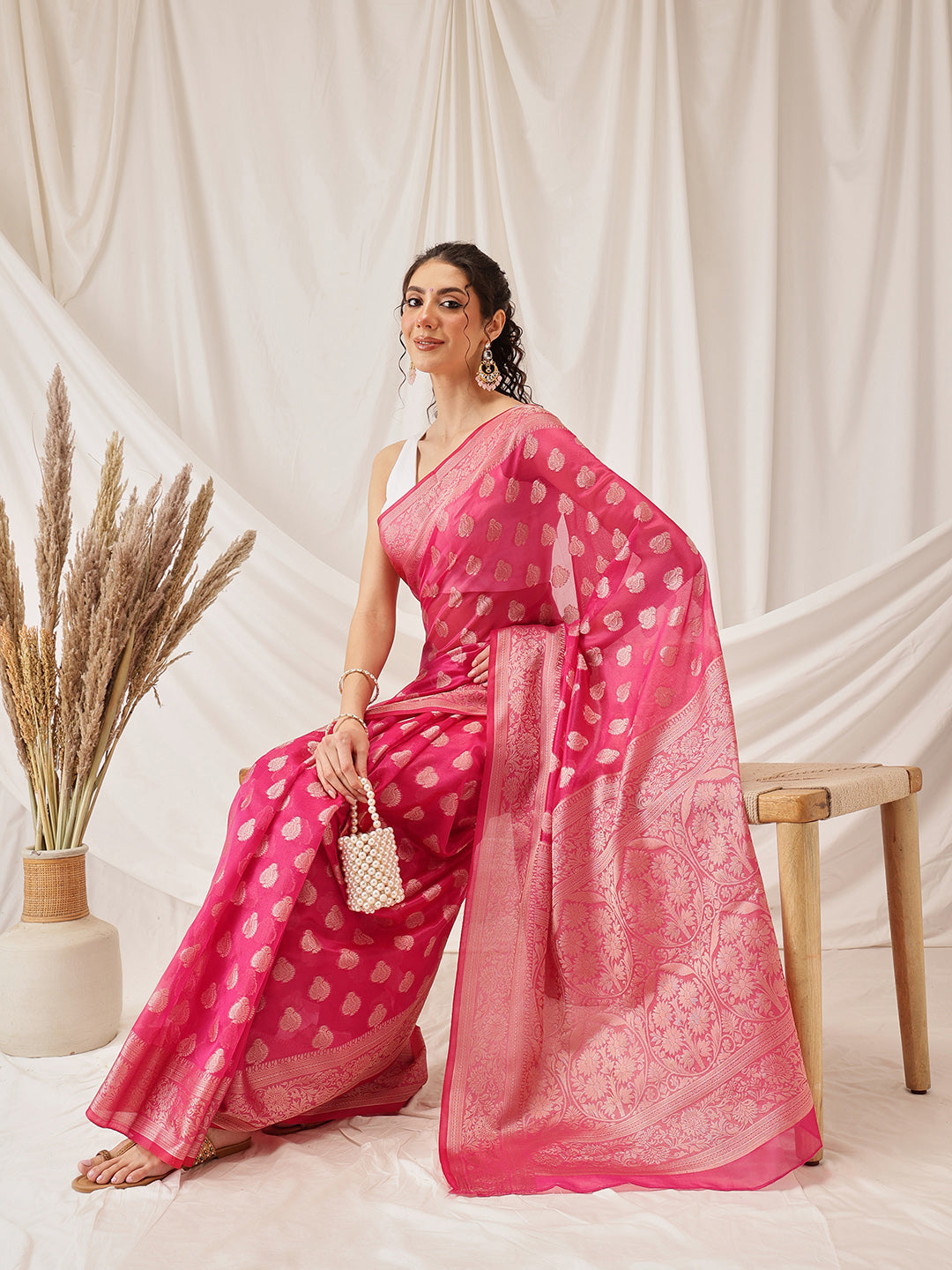Hiral Fashion Pink Banarasi Organza Silk Floral Woven Design Saree | Grocsy