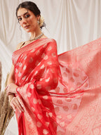Hiral Fashion Red Banarasi Organza Silk Floral Woven Design Saree | Grocsy