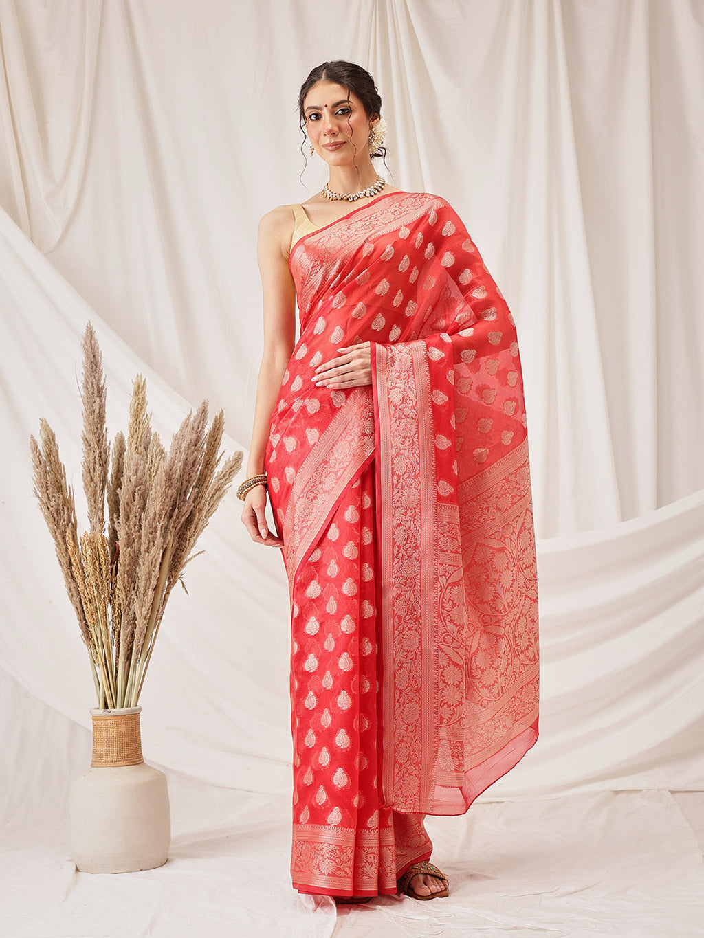 Hiral Fashion Red Banarasi Organza Silk Floral Woven Design Saree | Grocsy