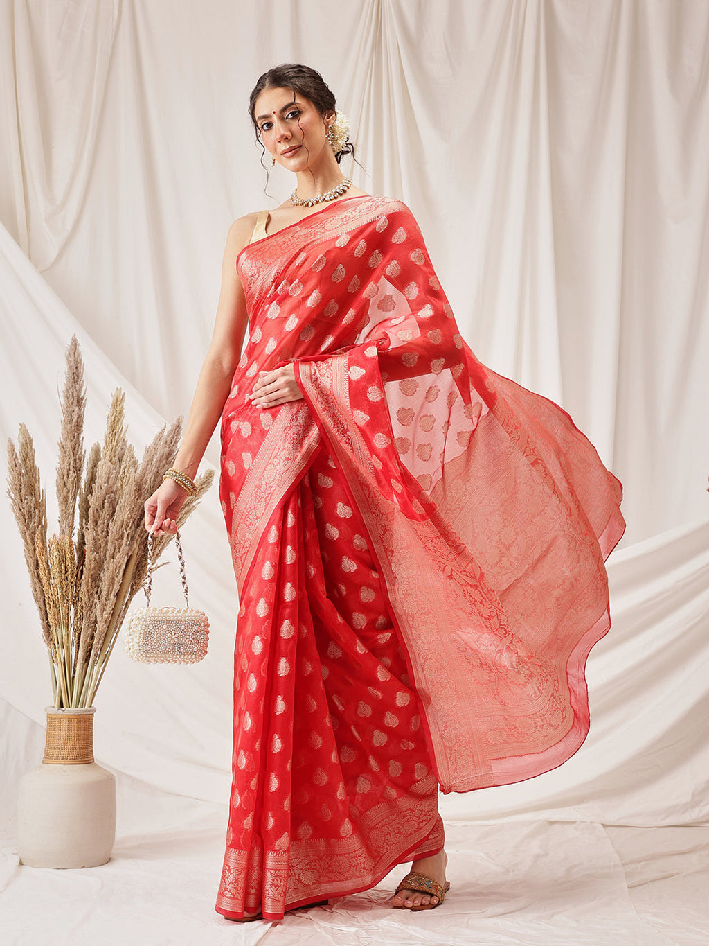 Hiral Fashion Red Banarasi Organza Silk Floral Woven Design Saree | Grocsy