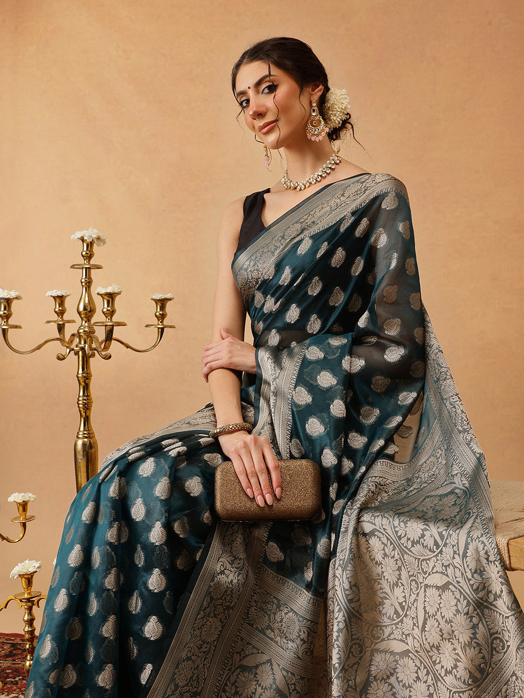 Hiral Fashion Teal Banarasi Organza Silk Floral Woven Design Saree | Grocsy