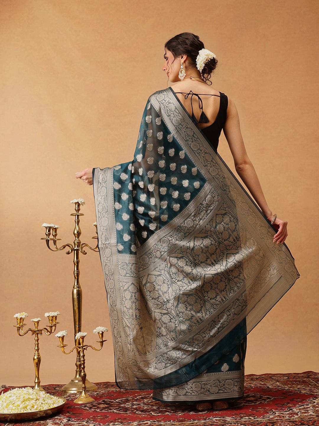 Hiral Fashion Teal Banarasi Organza Silk Floral Woven Design Saree | Grocsy