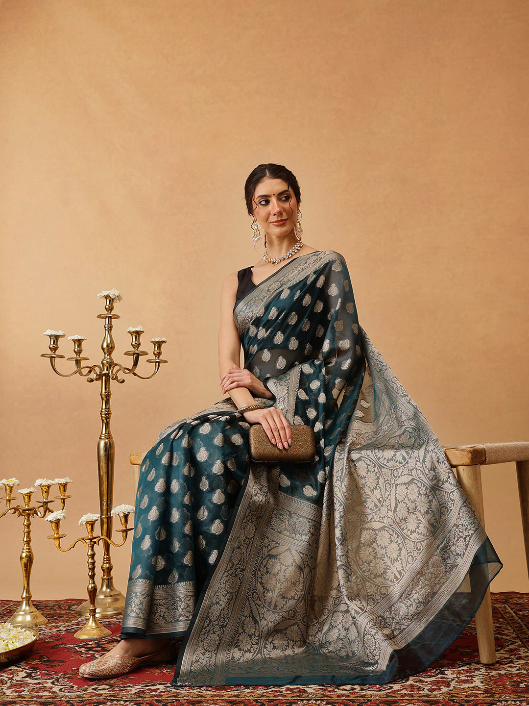 Hiral Fashion Teal Banarasi Organza Silk Floral Woven Design Saree | Grocsy