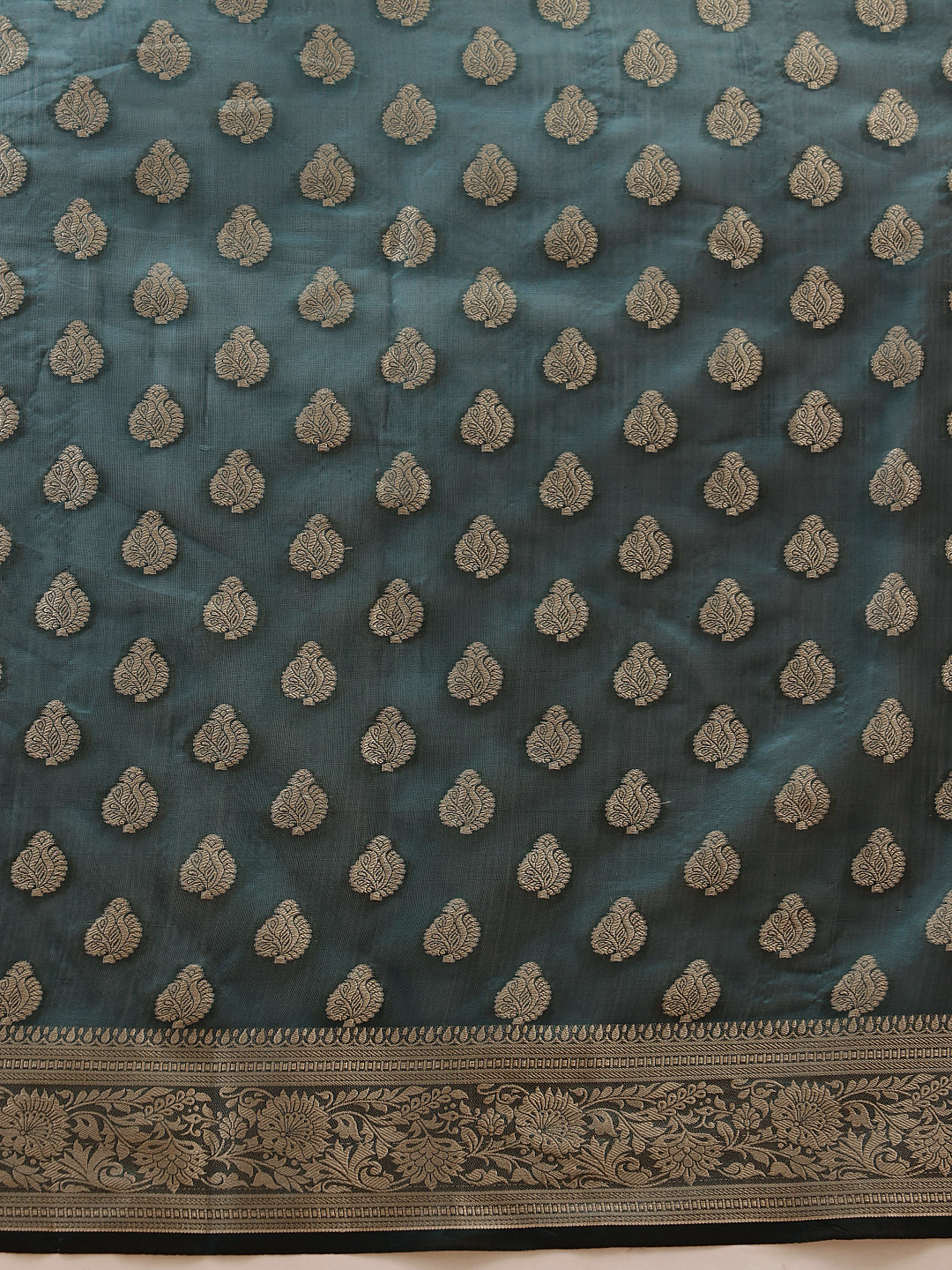 Hiral Fashion Teal Banarasi Organza Silk Floral Woven Design Saree | Grocsy