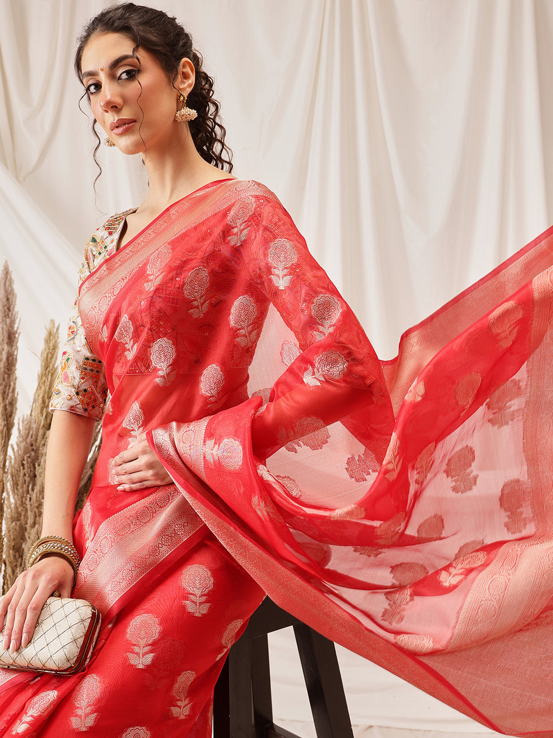 Hiral Fashion Red Banarasi Organza Silk Floral Woven Design Saree | Grocsy
