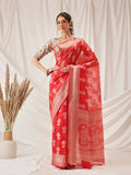 Hiral Fashion Red Banarasi Organza Silk Floral Woven Design Saree | Grocsy